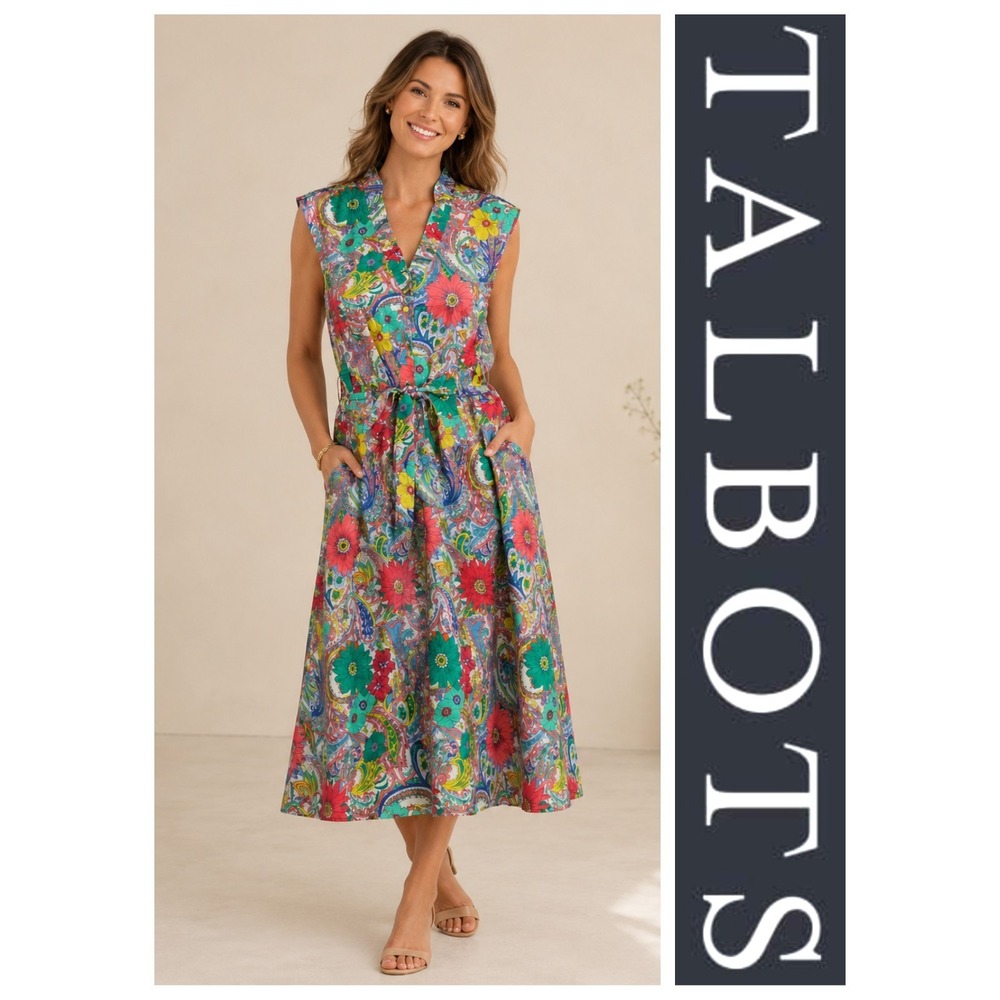 Talbots Floral Paisley 100% Cotton Sleeveless Dress Pleated Colorful Midi 18W